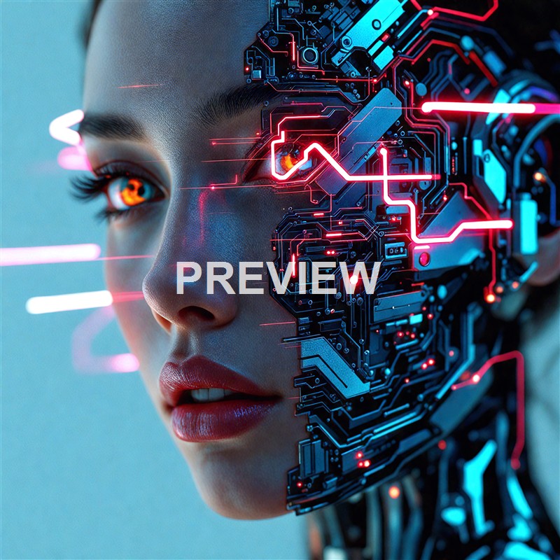 A close-up of a woman's face with realistic skin and makeup, partially overlaid with a high-tech, glowing circuit board and neon lights, suggesting a blend of human and machine.
